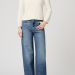 Women's ivory sweater featuring long sleeves, a classic neckline, and relaxed silhouette.