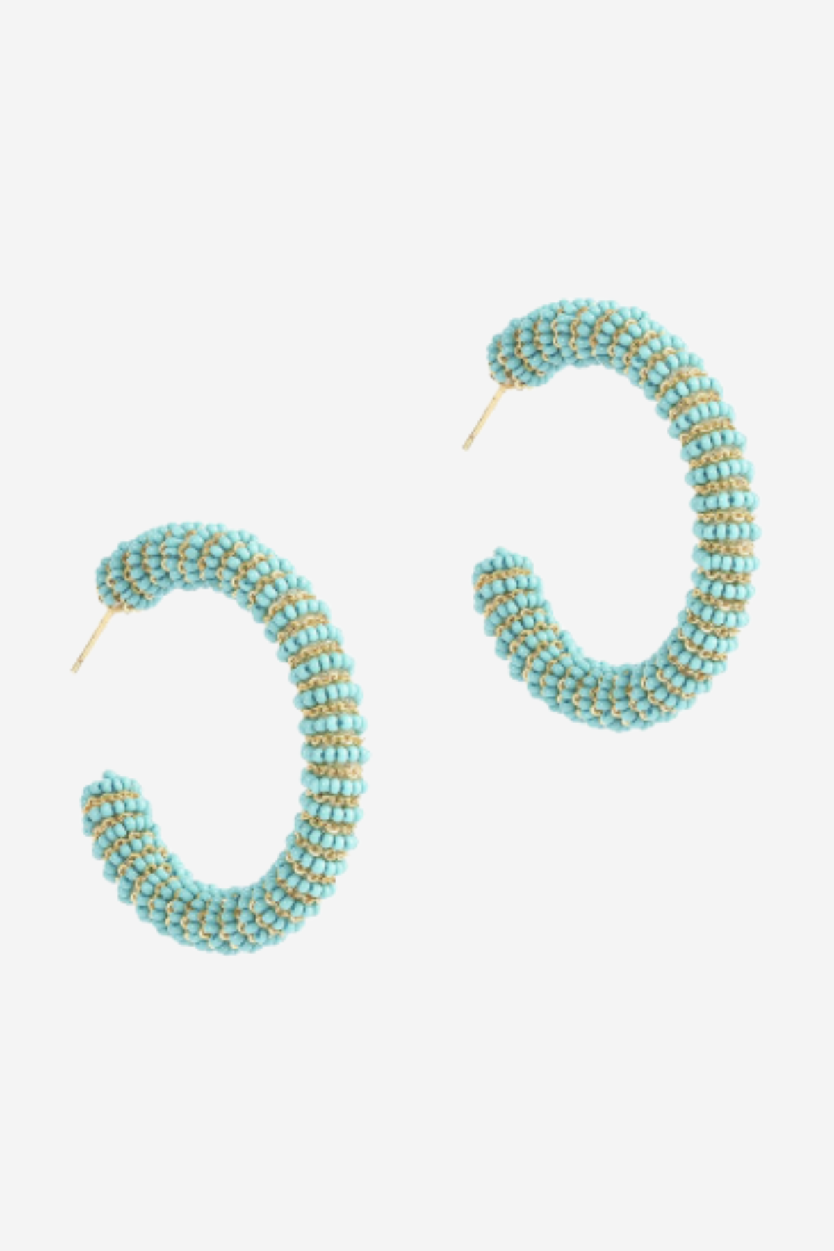 A pair of open hoop earrings made of small turquoise-blue and gold seed beads, displayed on a clean, light gray background.