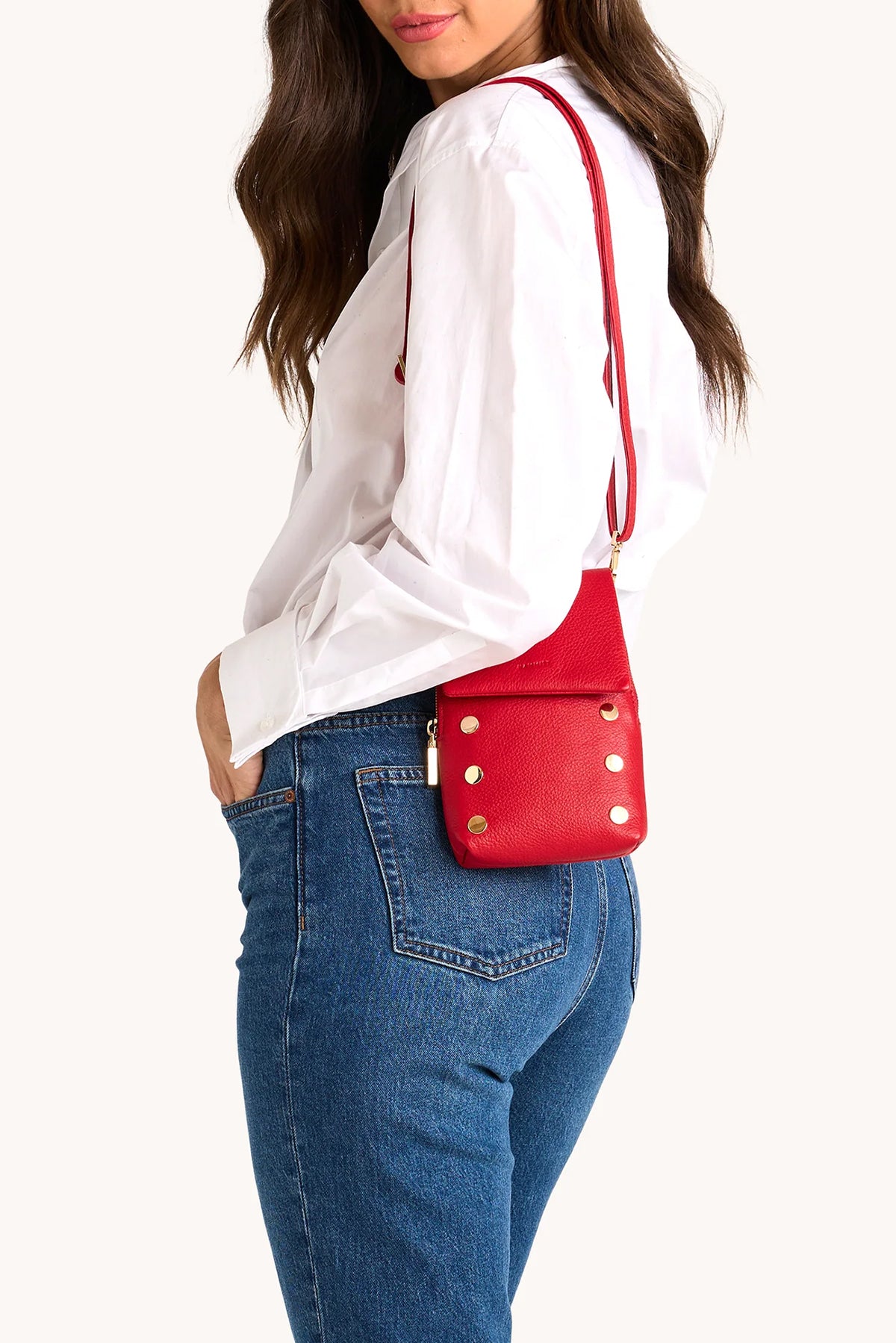 Red leather Hammitt VIP Mobile crossbody bag with brushed gold hardware