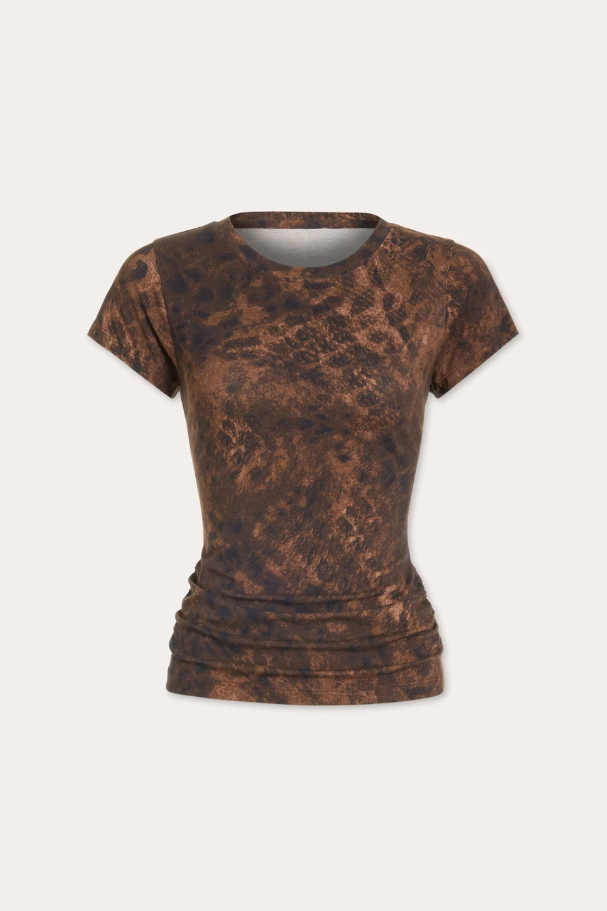 A short-sleeve crewneck t-shirt with a brown and dark brown mottled, mineral-washed pattern, displayed against a light off-white background.