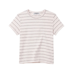 A short-sleeve crewneck t-shirt with thin horizontal dark brown stripes on a warm off-white background, shown flat against a white background.
