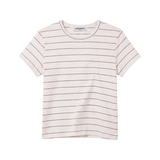 A short-sleeve crewneck t-shirt with thin horizontal dark brown stripes on a warm off-white background, shown flat against a white background.