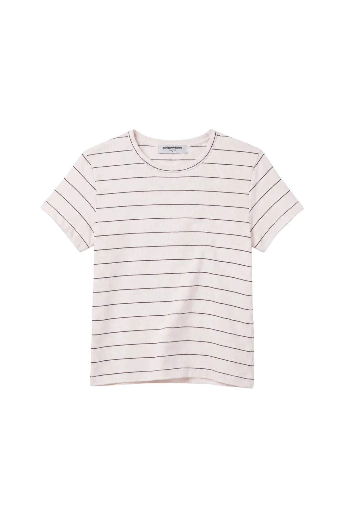 A short-sleeve crewneck t-shirt with thin horizontal dark brown stripes on a warm off-white background, shown flat against a white background.