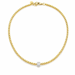 A gold chain necklace with a small rectangular pavé diamond center stone, displayed on a clean white background.