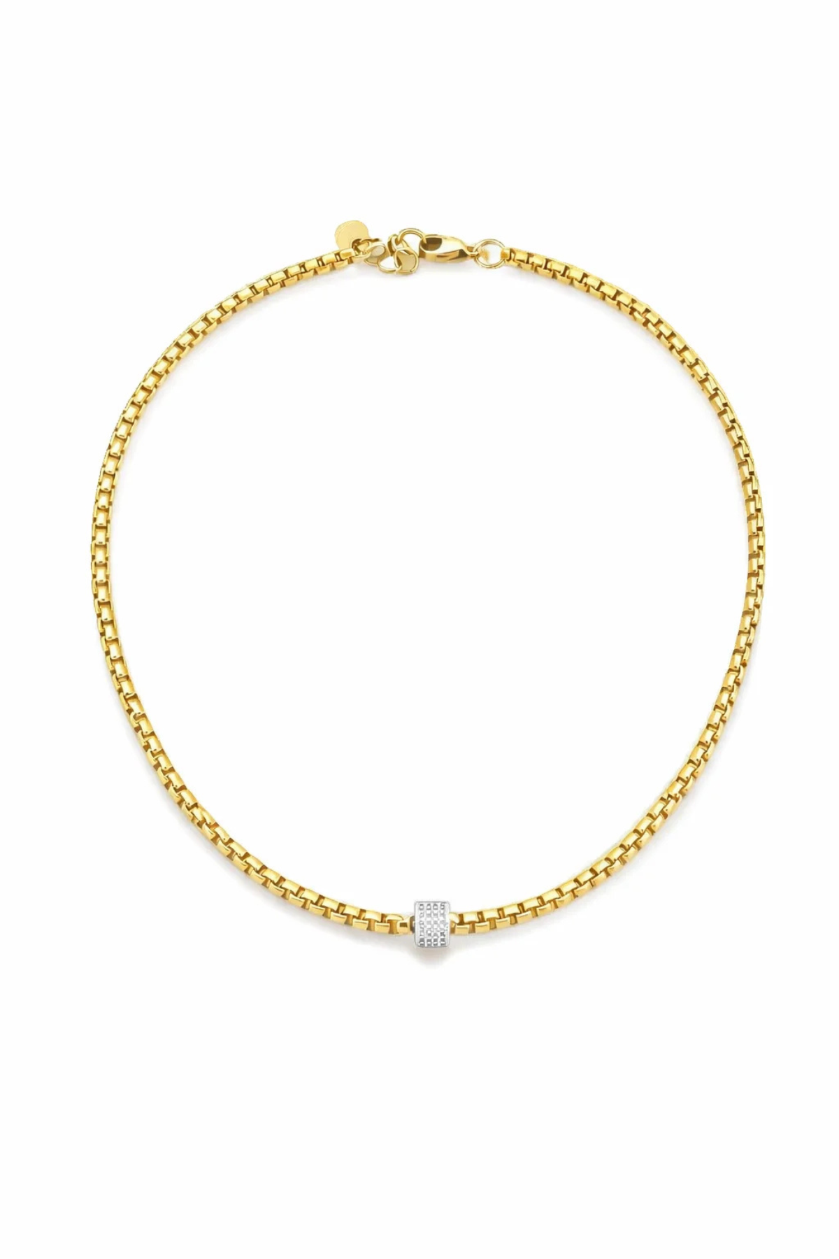 A gold chain necklace with a small rectangular pavé diamond center stone, displayed on a clean white background.