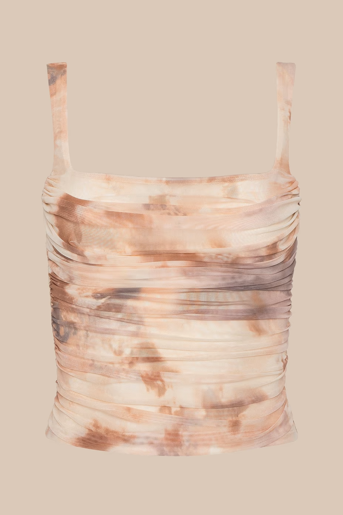 Ruched tank top with abstract pattern on a beige background