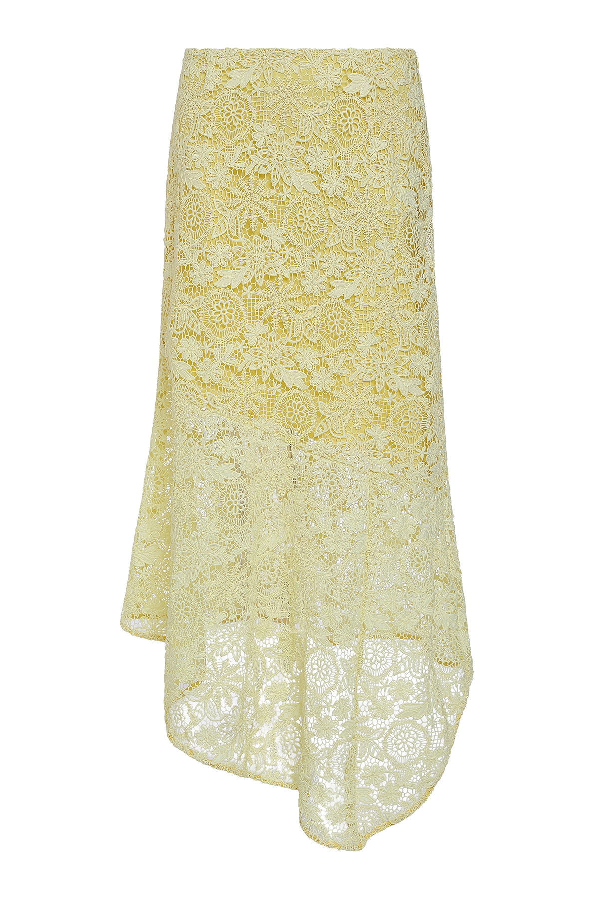 yellow lace midi skirt on white background 