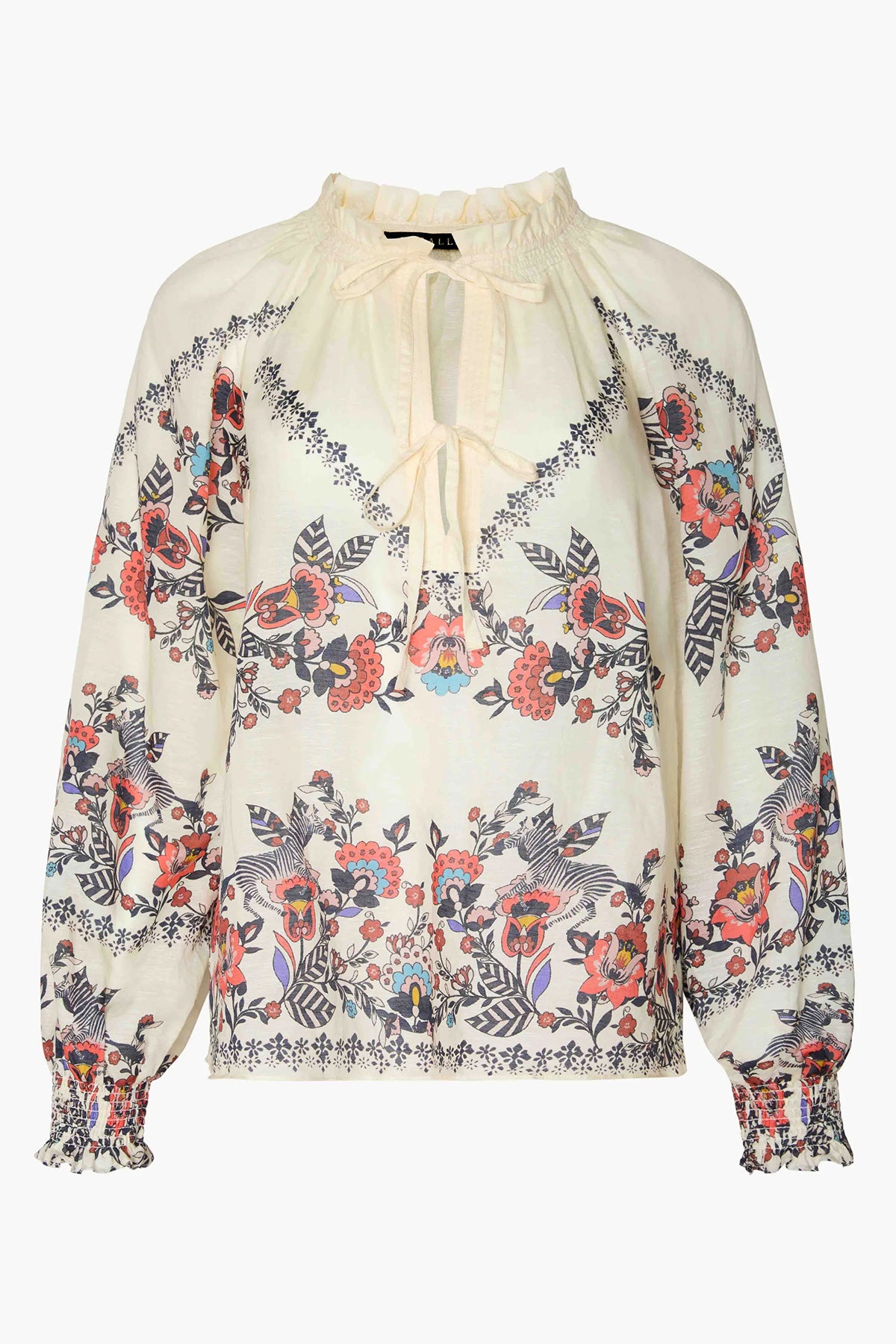 Neutral blouse with a streamlined, polished silhouette.