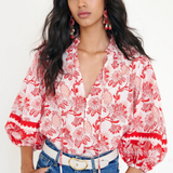 red printed long sleeve blouse  modeled against a white background