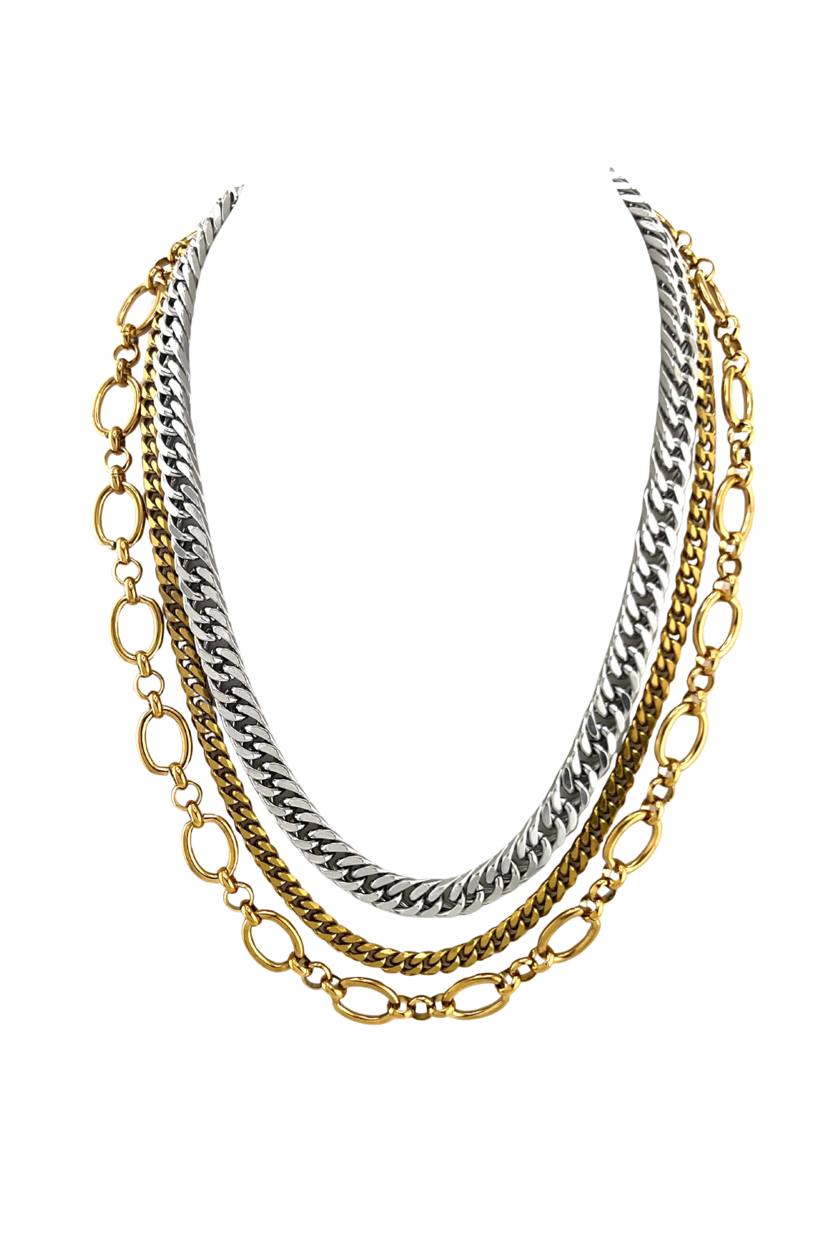 Two layered chain necklaces, one gold and one silver, on a white background.
