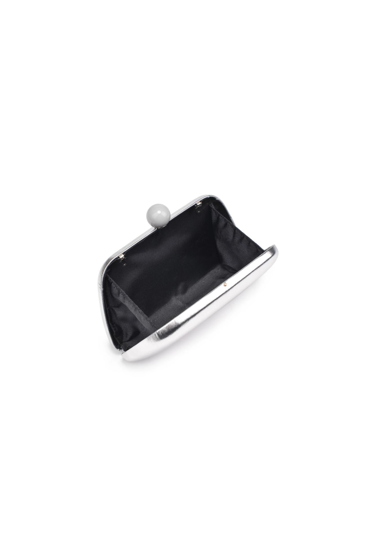silver handbag open on white background