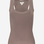 A ribbed knit scoop-neck tank top in a muted taupe-brown color, shown against a plain light gray background.