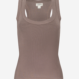 A ribbed knit scoop-neck tank top in a muted taupe-brown color, shown against a plain light gray background.