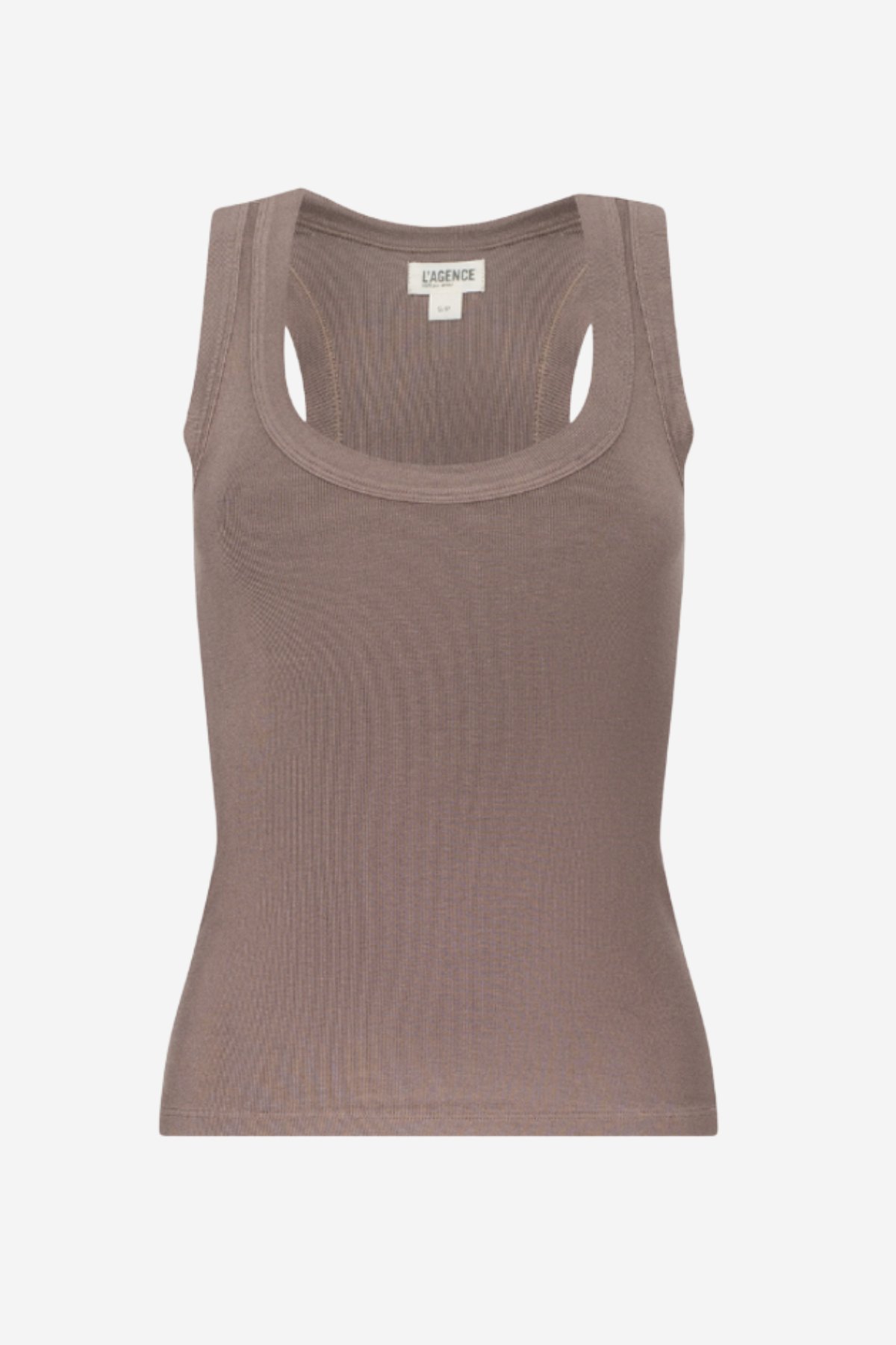 A ribbed knit scoop-neck tank top in a muted taupe-brown color, shown against a plain light gray background.