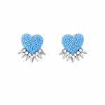 Blue heart-shaped earrings with silver spikes on a white background
