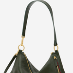 An olive green pebbled leather shoulder bag with gold-tone hardware, featuring a crescent-shaped body, a top zipper, a side zipper with a red and green stripe detail, and a long shoulder strap.