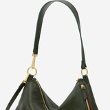 An olive green pebbled leather shoulder bag with gold-tone hardware, featuring a crescent-shaped body, a top zipper, a side zipper with a red and green stripe detail, and a long shoulder strap.