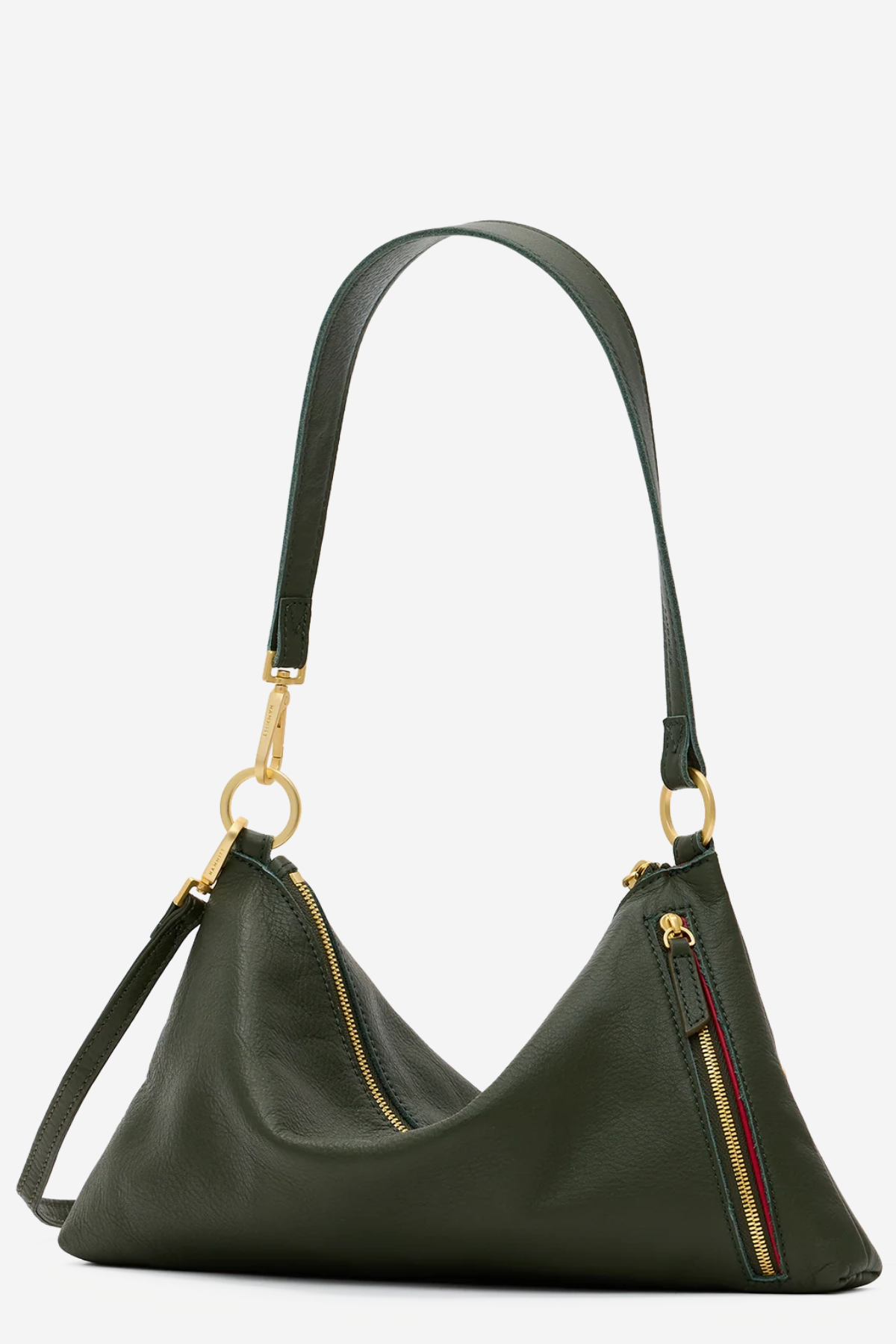 An olive green pebbled leather shoulder bag with gold-tone hardware, featuring a crescent-shaped body, a top zipper, a side zipper with a red and green stripe detail, and a long shoulder strap.