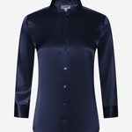 A dark navy blue satin button-down shirt with a pointed collar and long sleeves, shown on a clean white background.