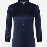 A dark navy blue satin button-down shirt with a pointed collar and long sleeves, shown on a clean white background.