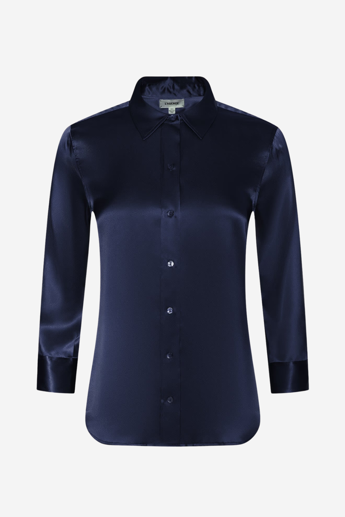 A dark navy blue satin button-down shirt with a pointed collar and long sleeves, shown on a clean white background.