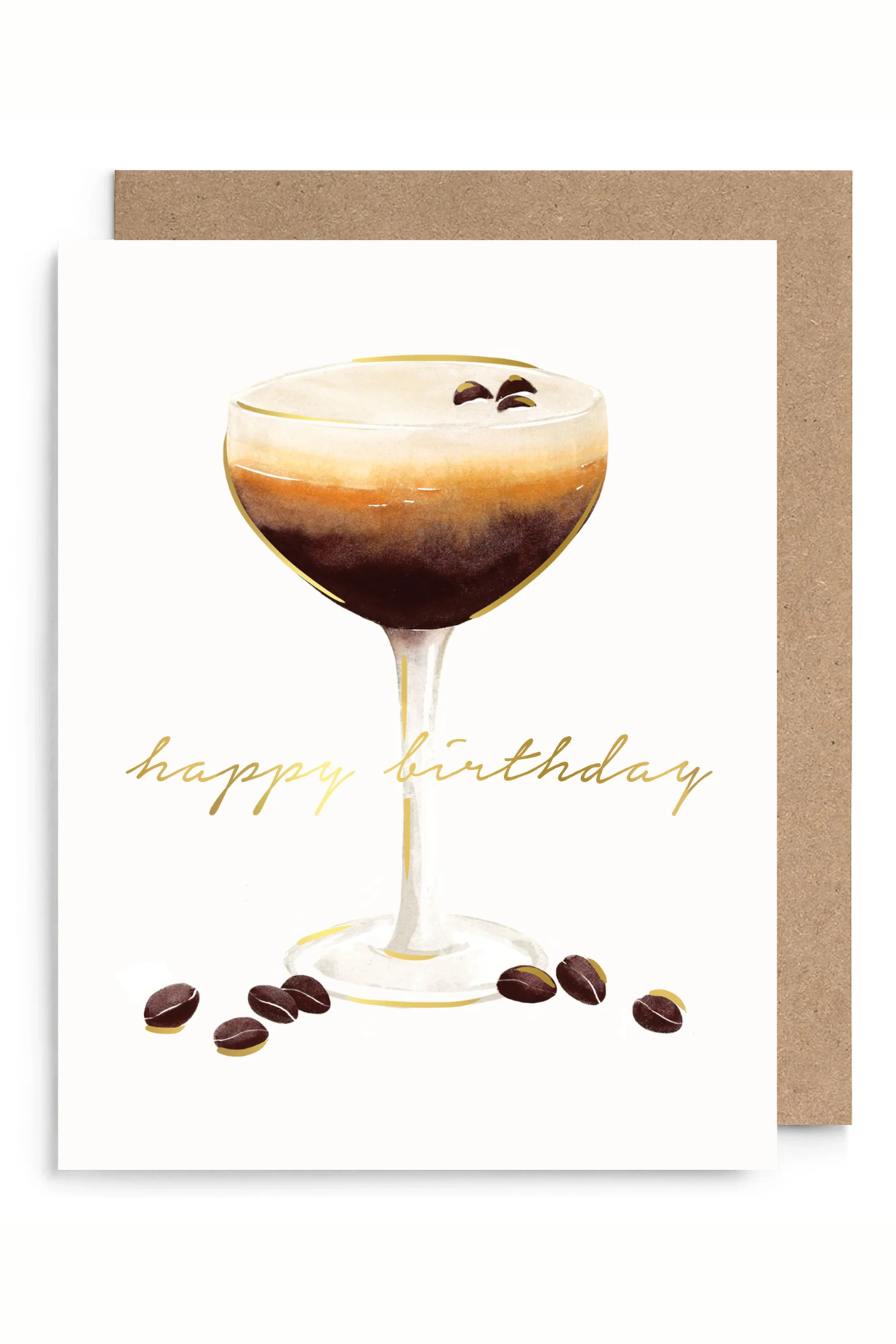 A square greeting card with a white front featuring a watercolor-style coffee cocktail, gold 'happy birthday' script, and scattered coffee beans, shown with a brown kraft envelope behind it on a white background.