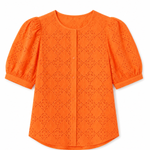 Bright orange short-sleeve blouse with puff sleeves and an eyelet lace pattern, shown flat on a white background.