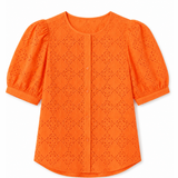 Bright orange short-sleeve blouse with puff sleeves and an eyelet lace pattern, shown flat on a white background.