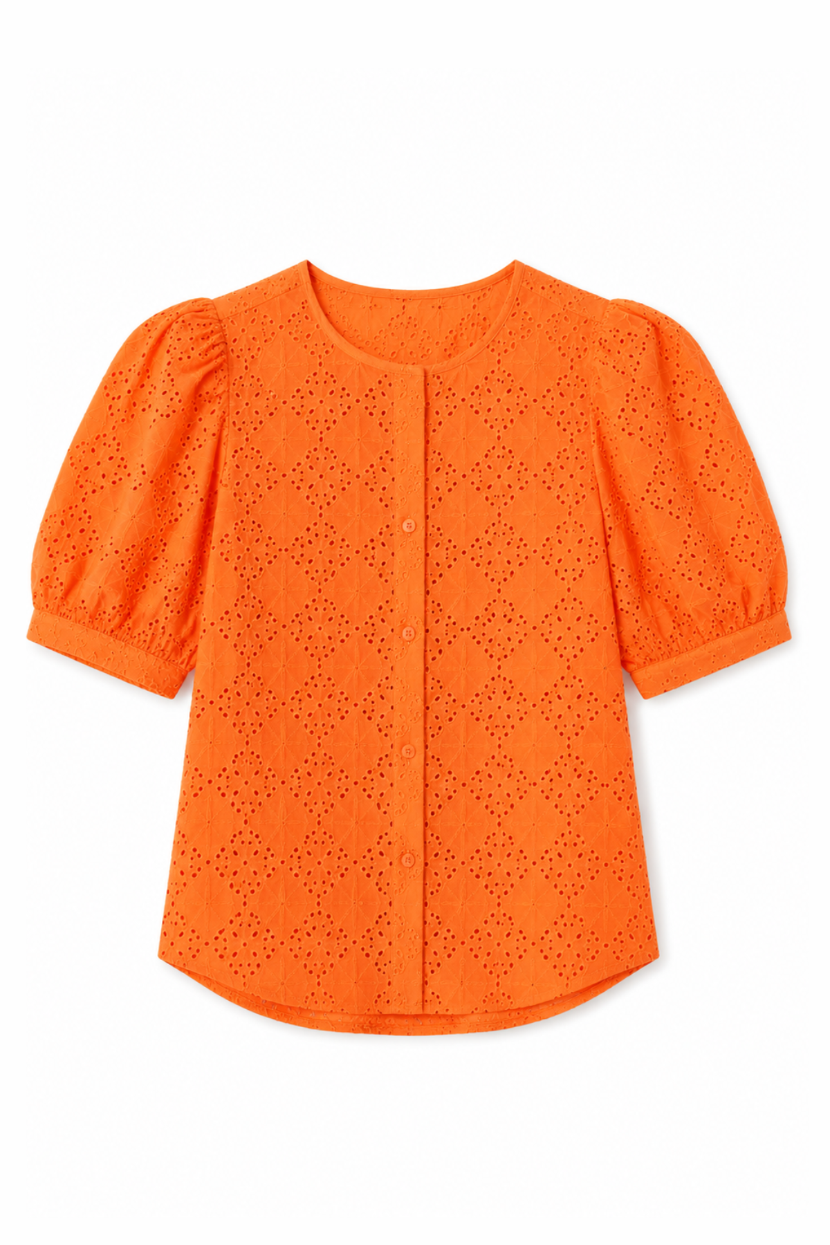 Bright orange short-sleeve blouse with puff sleeves and an eyelet lace pattern, shown flat on a white background.