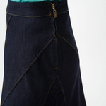 Dark denim skirt with a gold zipper on a white background