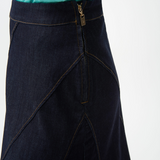 Dark denim skirt with a gold zipper on a white background