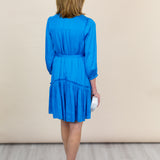 Blue Drop Hem Dress with 3/4 Sleeve and Belt