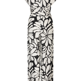 back of black and white printed jumpsuit on white background 