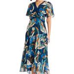 Model wearing a blue printed short-sleeve midi dress featuring a flattering waist and flowing skirt.