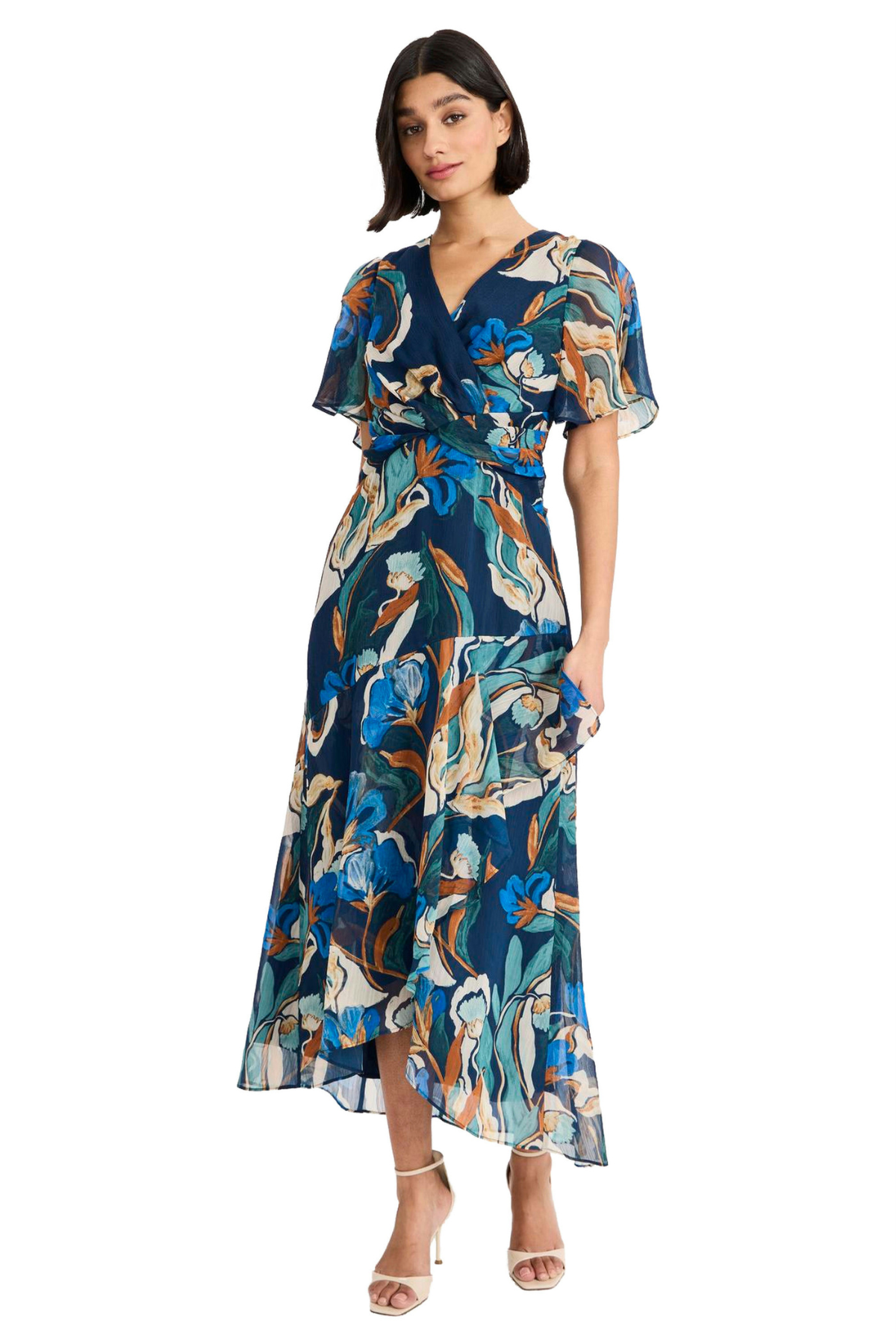 Model wearing a blue printed short-sleeve midi dress featuring a flattering waist and flowing skirt.