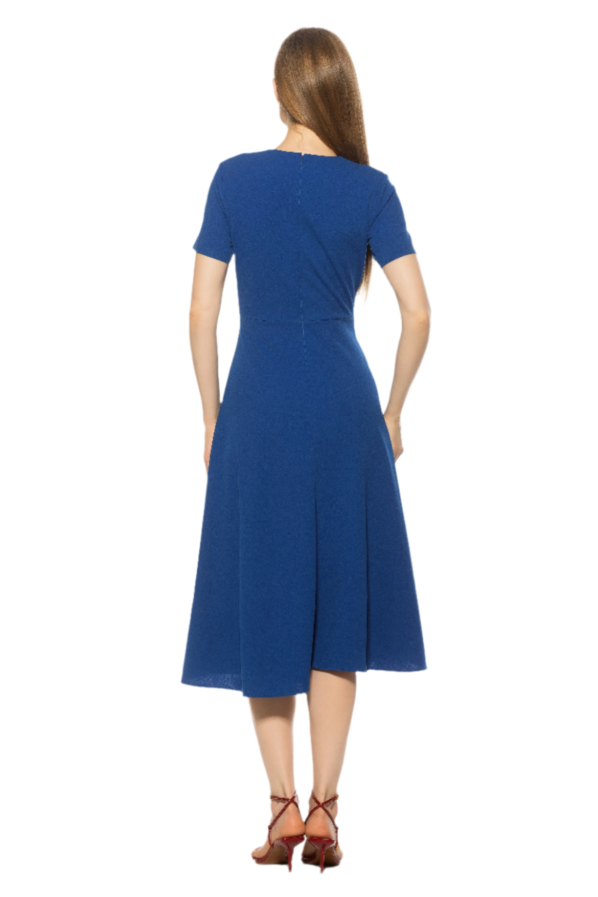 back of woman in blue midi dress on white background 