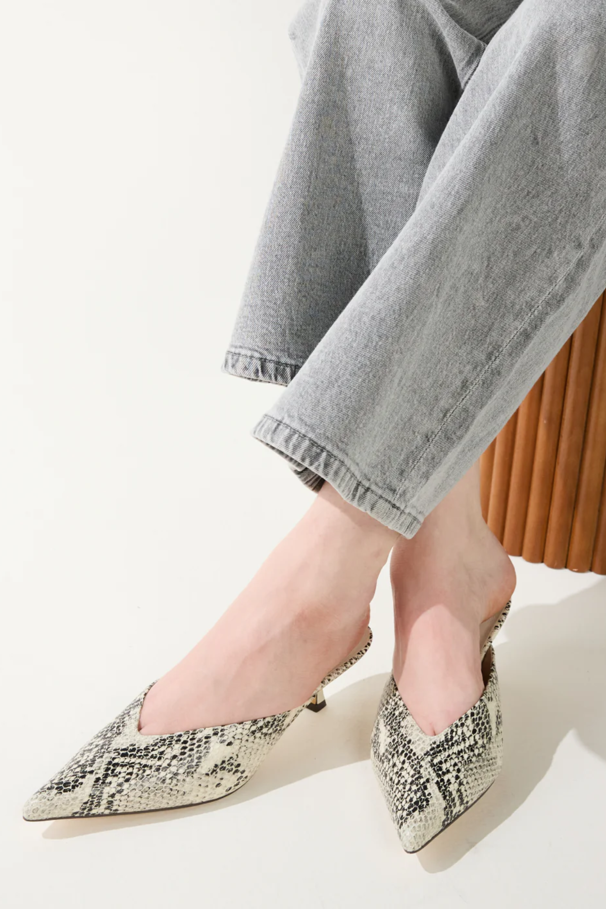 snakeskin kitten heels on white background 