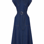 A dark blue denim midi dress with a collar, short cap sleeves, a matching waist tie with a silver metal ring buckle, and front flap pockets, shown against a plain white background.