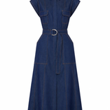 A dark blue denim midi dress with a collar, short cap sleeves, a matching waist tie with a silver metal ring buckle, and front flap pockets, shown against a plain white background.