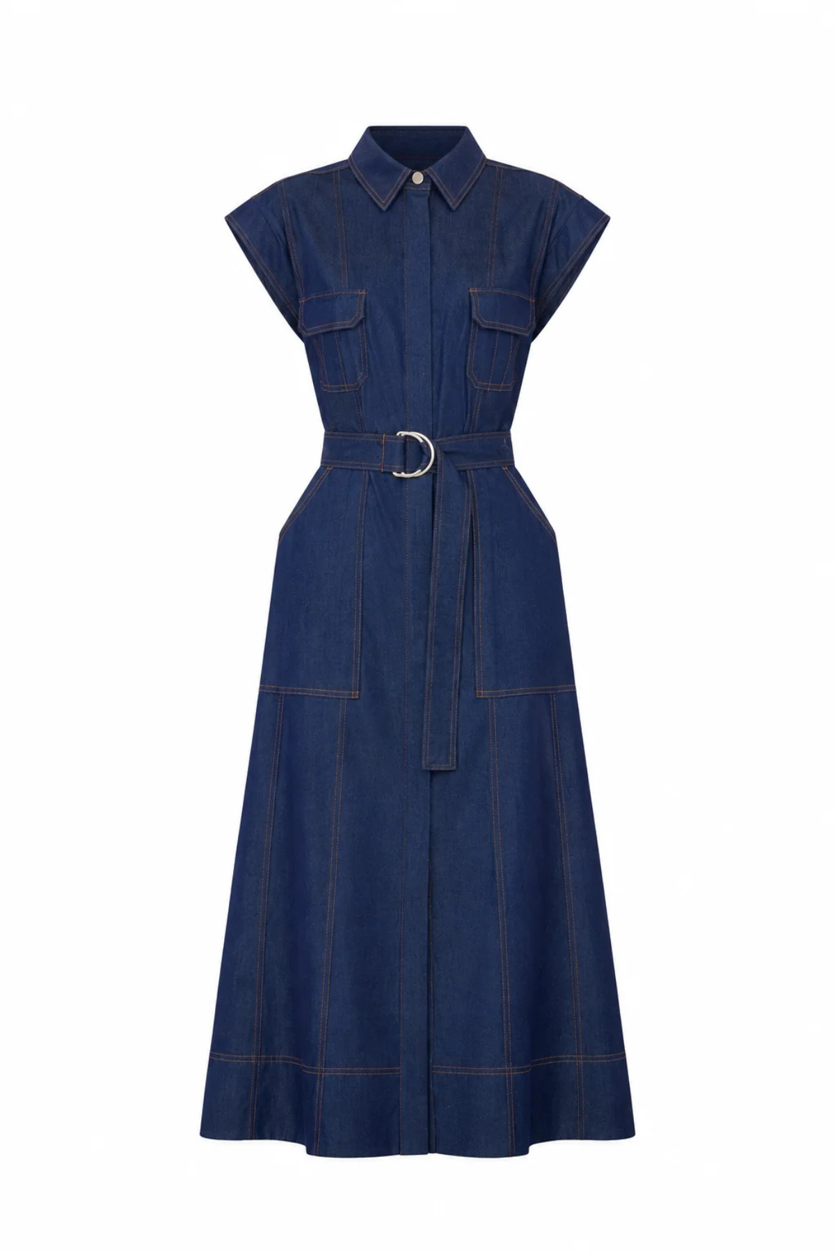 A dark blue denim midi dress with a collar, short cap sleeves, a matching waist tie with a silver metal ring buckle, and front flap pockets, shown against a plain white background.