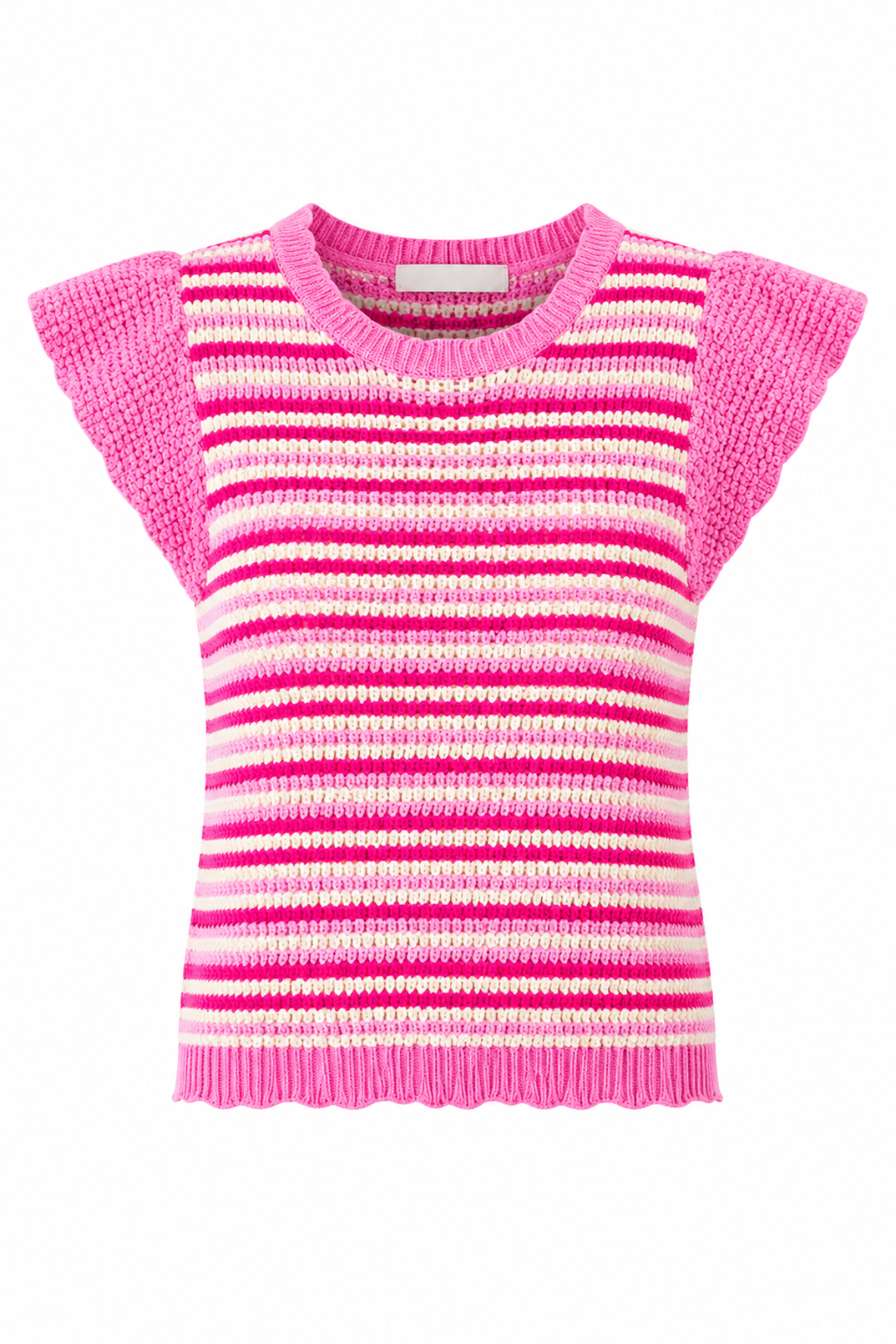 Pink and white striped sleeveless sweater on a white background