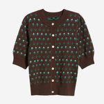 A dark brown knit cardigan sweater with a repeating green and light blue pattern, featuring a button-up front and ribbed collar, cuffs, and hem, shown against a light gray background.