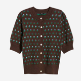 A dark brown knit cardigan sweater with a repeating green and light blue pattern, featuring a button-up front and ribbed collar, cuffs, and hem, shown against a light gray background.