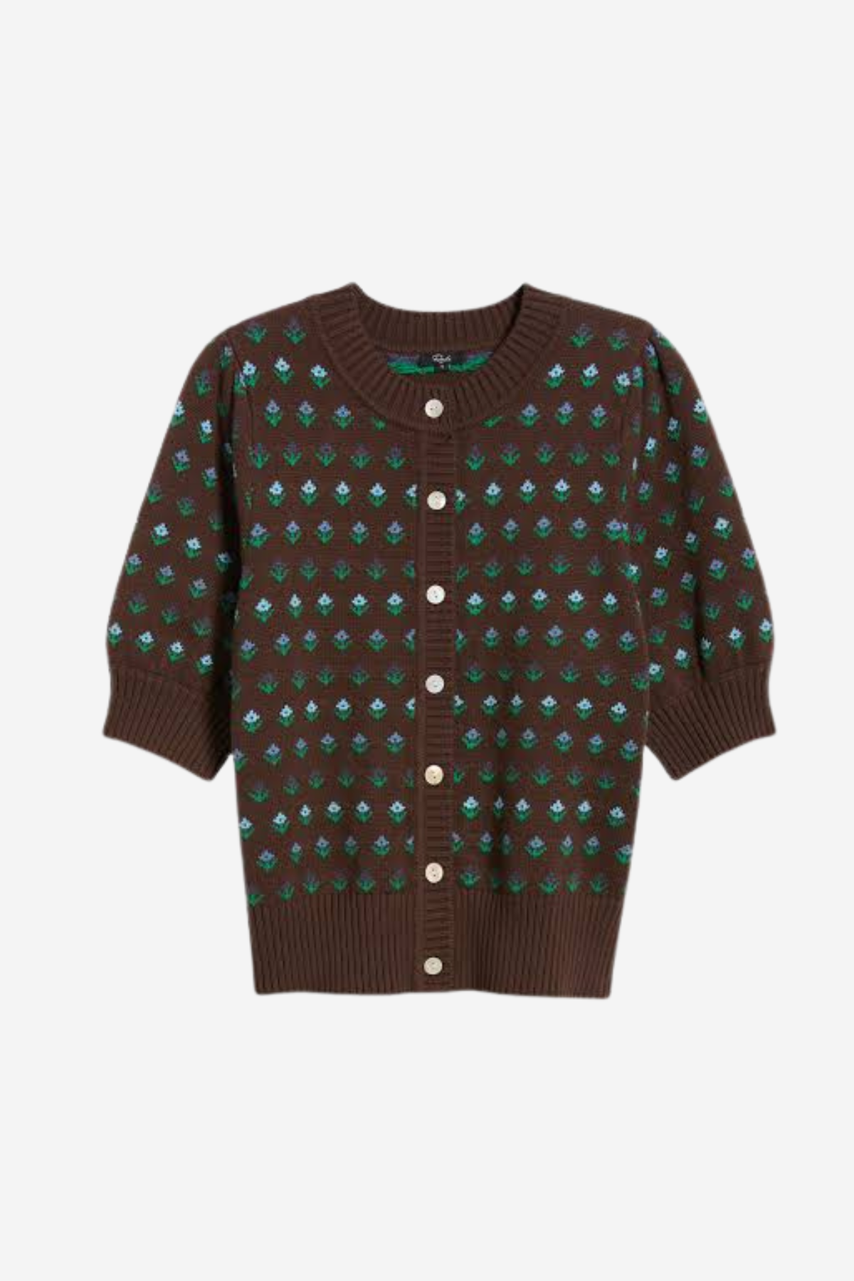 A dark brown knit cardigan sweater with a repeating green and light blue pattern, featuring a button-up front and ribbed collar, cuffs, and hem, shown against a light gray background.