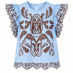 Light blue blouse with brown lace details on a white background