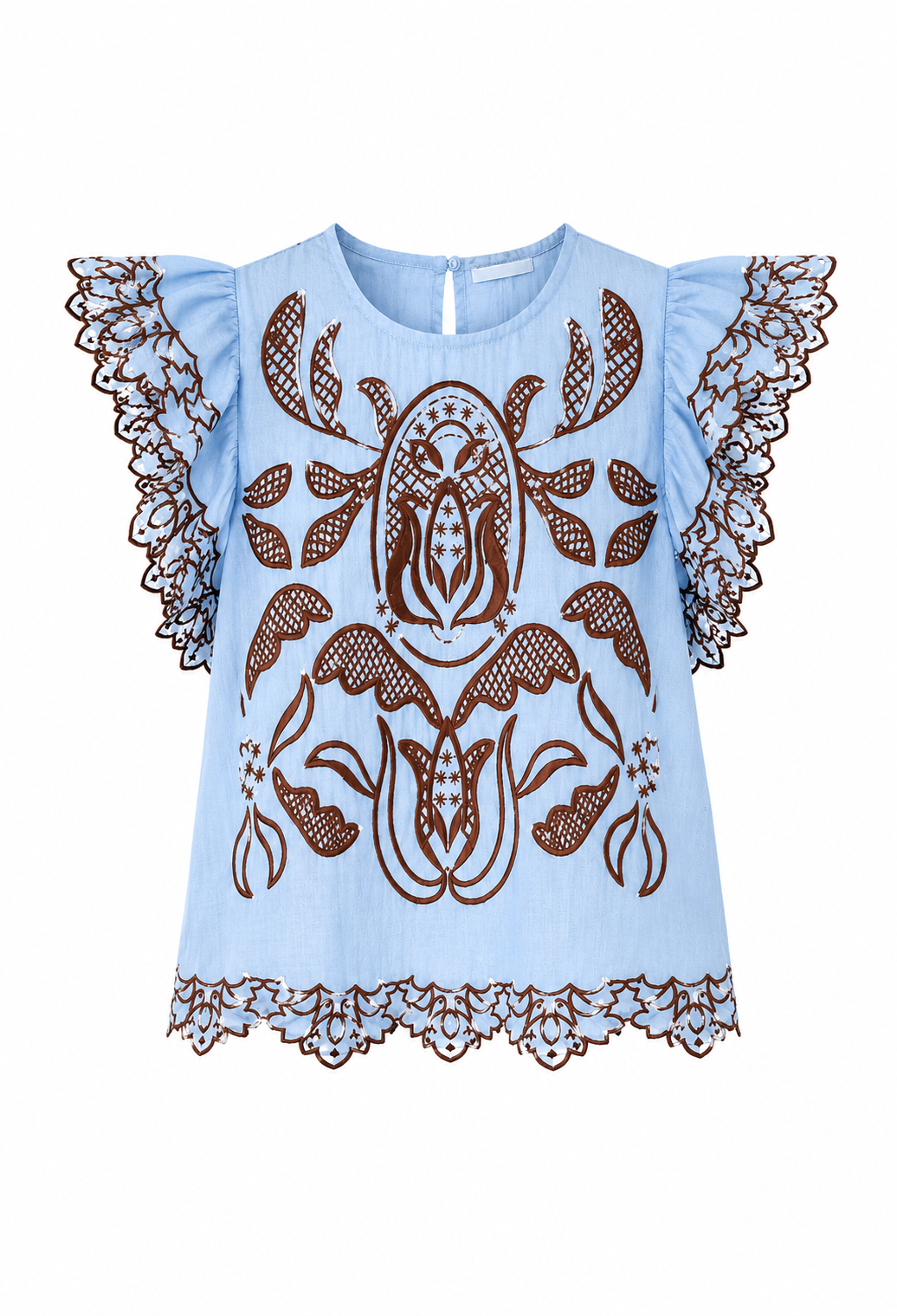 Light blue blouse with brown lace details on a white background