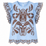 Light blue blouse with brown lace details on a white background