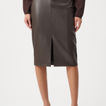 Brown leather skirt worn by a person on a white background
