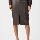 Brown leather skirt worn by a person on a white background