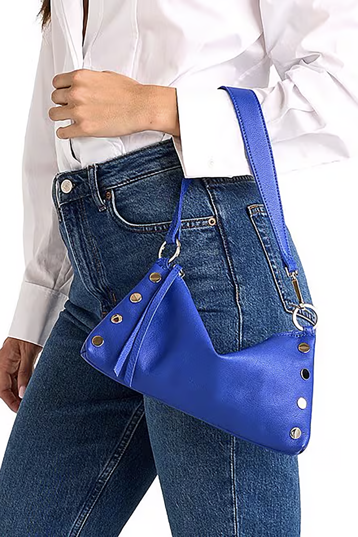 Blue Hammitt Kyle shoulder bag with silver hardware, photographed against a minimal background.